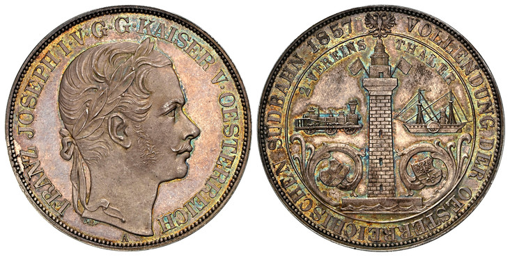1085349 AUSTRIA. Franz Joseph I. (Emperor, 1848-1916). 1857-A AR 2 Thaler. NGC PR62.  By Carl Radnitzky. Vienna. FRANZ JOSEPH I V G G KAISER V OESTERREICH. Laureate head right; wreath tips point between "KA" of "KAISER" / VOLLENDUNG DER OESTERREIC...
