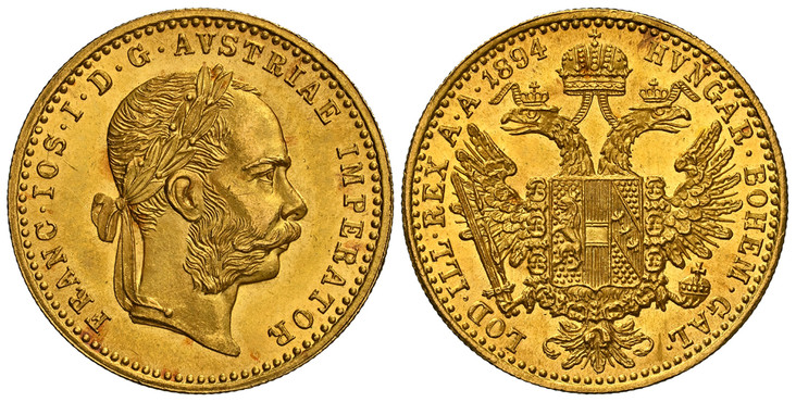 1085537 AUSTRIA. Franz Joseph I. (Emperor, 1848-1916). 1894 AV Ducat. NGC MS66.  Vienna. 3.49gm. Laureate head right, heavy whiskers / Crowned imperial double eagle. KM 2267.

Please use this link to verify the NGC certification number <a href="ht...