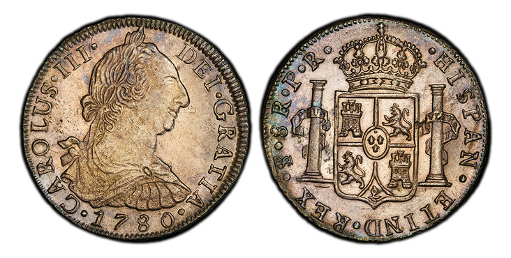 1085343 BOLIVIA. Charles III. 1780-PTS PR AR 8 Reales. PCGS MS62.  Potosi. CAROLUS · III · DEI · GRATIA ·. Laureate bust right / HISPAN · ET IND · REX ·. Crowned arms between pillars. KM 55; Calico 1178.

Please use this link to verify the PCGS ce...