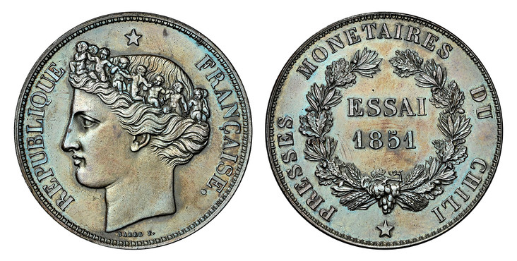 1086188 CHILE. 1851-(A) ✭ CU Essai or Pattern Peso. NGC MS62BN (Brown).  By Jean-Auguste Barre. Monnaie de Paris, Paris. Edge: Plain. 15mm. REPUBLIQUE FRANCAISE. Head of Ceres wearing cherub crown, left; signed below truncation / PRESSES MONETAIRE...