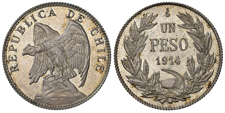 1085467 CHILE. 1914-So AR Pattern Peso. NGC MS64.  Santiago. Condor surmounted on rock, left / Denomination and date within wreath; hammer and sickle below. KM Pn26. Proof.

KM notes this issue as proof but NGC has designated as MS (prooflike surf...