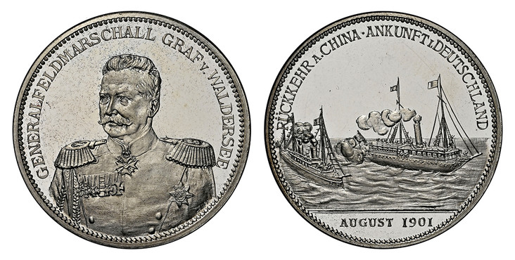 1084427 CHINA. Germany - Empire. Alfred von Waldersee. (Field Marshal, ) . 1901 AR Medal. NGC PR63UCAM (Ultra Cameo).  By the Lauer workshop, Nürnberg. Edge: SILBER 990. 32mm. 17.70gm. Uniformed half-length facing portrait of Count Waldersee / The...