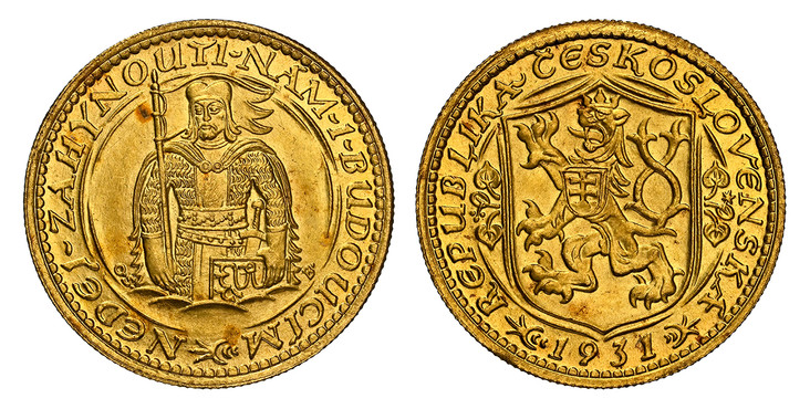 1085434 CZECHOSLOVAKIA. First Republic. (1918 - 1938/39). 1931 AV Ducat. NGC MS65.  By J. Benda (Obv.) and O. Spaniel (Rev.). Kremnitz. Edge: Milled. 3.49gm. Czech lion with Slovak shield, date below / Duke Wenceslas (Vaclav) half-length figure fa...