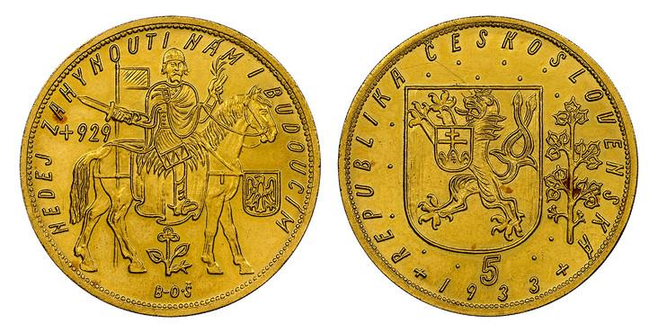 1085350 CZECHOSLOVAKIA. Republic. (1918-1939). 1933 AV 5 Dukatu. NGC MS63+.  By J. Benda (Obv.) & O. Spaniel (Rev.). Edge: Milled. 17.46gm. REPUBLIKA ČESKOSLOVENSKÁ. Czech lion with Slovak shield, denomination and date below / NEDEJ·ZAHYNOUTI·NÁM·...