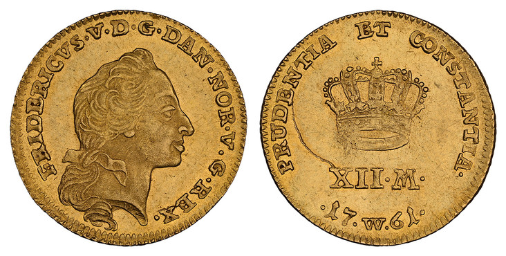 1087244 DENMARK. Frederik V. (King, 1746–1766). 1761 W W AV 12 Mark, Ducat Courant. NGC MS62.  Copenhagen. FRIDERICVS • V • D • G • DAN • NOR • V • G • REX •. Bare head right, curl below / PRUDENTIA ET CONSTANTIA • 17 • W • 61 •. Crown above value...