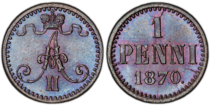 1085795 FINLAND. Alexander II. (King, 1855-1881). 1870 CU Penni. PCGS MS65BN (Brown).  15mm. Crowned monogram / Denomination and date. KM 1.1; Sieg 1; Holm.-6.

Please use this link to verify the PCGS certification number <a href="http://www.pcgs....