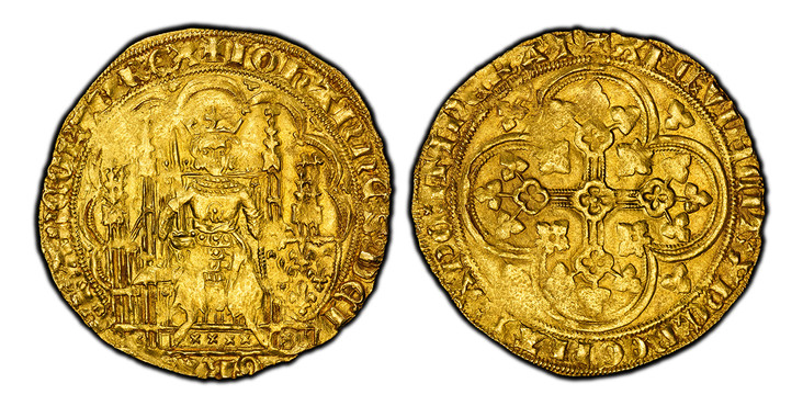 1084809 FRANCE. Jean II Le Bon. (King, 1350-1364). (1350-64) AV Ecu d'Or. PCGS MS61.  28.5mm. 4.45gm. + IOHANNES: DEI - °GRA° - FRANCORVM: REX. King seated in a Gothic throne, crowned, wearing a hauberk and coat of arms, holding the sword and the ...