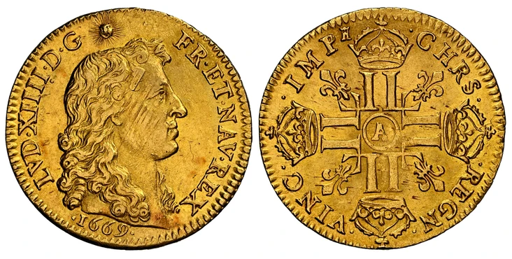 1084830 FRANCE. Louis XIV. (King, 1643-1715). 1669-A AV Louis d'Or. NGC MS61.  Paris. 23mm. 6.75gm. LVD. XIIII. D. G (sun) - FR. ET. NAV. REX. New juvenile head of Louis XIV (sun) / .CHRS. - .REGN. - .VINC.- .IMP. Crowned LL's form a cross; a fleu...