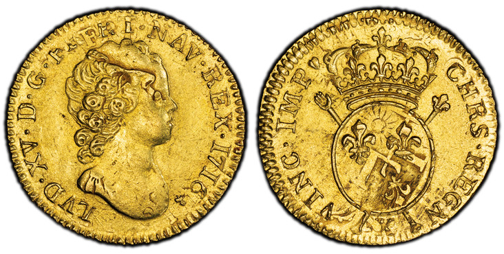 1083504 FRANCE. Louis XV. (King, 1715-1774). 1716-X AV Louis d'Or aux Insignes. PCGS MS63 Flan réformé.  Amiens. 25.5mm. 8.09gm. LVD · XV · D · G · FR · ET · NAV · REX ·. Young head right / CHRS · REGN · N · VINC IMP *. Crowned arms of France. KM ...