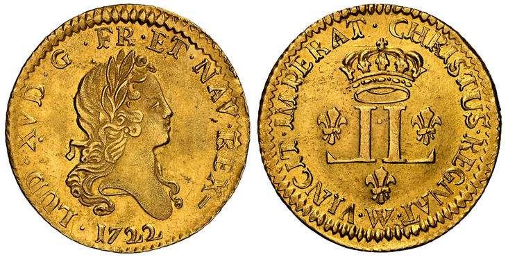 1084835 FRANCE. Louis XV. (King, 1715-1774). 1722-W AV Louis d'Or. NGC MS62.  Lille. LUD · XV · D · G · FR · ET · NAV · REX ·. Laureate head right / CHRISTUS  REGNAT  VINCIT  IMPERAT. Crowned double L monogram with 3 fleur-de-lis. KM 461.17; Duple...