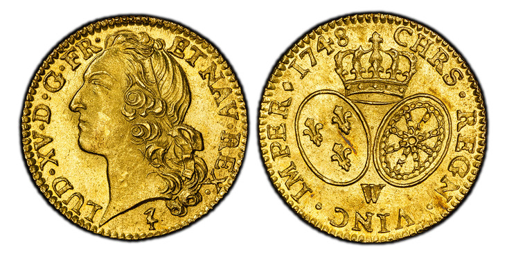 1084838 FRANCE. Louis XV. (King, 1715-1774). 1748-W AV Louis d'Or. PCGS MS64.  Lille. 24mm. LUD · XV · D · G · FR · ET NAV · REX ·. Head left / CHRS · REGN · VINC · IMPER. Crown above arms of France and Navarre. KM 513.16; Duplessy 1643; Fr.-464; ...