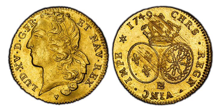 1084836 FRANCE. Louis XV. (King, 1715-1774). 1749-BB AV 2 Louis d'Or. PCGS MS63.  Strasbourg. Head with headband left / Crown above arms of France and Navarre. KM 519.4; Gad.-346.
Ex Auction Émile Bourgey (10-11 June 1982) Lot 383. Includes origin...