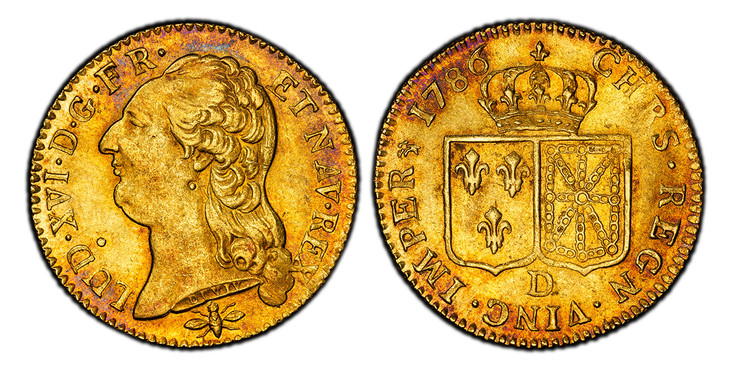 1084841 FRANCE. Louis XVI. 1786-D AV Louis d'Or. PCGS MS63.  Lyon. 24mm. LUD · XVI · D · G · FR · ET NAV · REX ·. Head left / CHRS · REGN · VINC · IMPER. Crowned arms of France and Navarre in shields. KM 592.5; Friedberg 475; Duplessy 1707; Gadour...