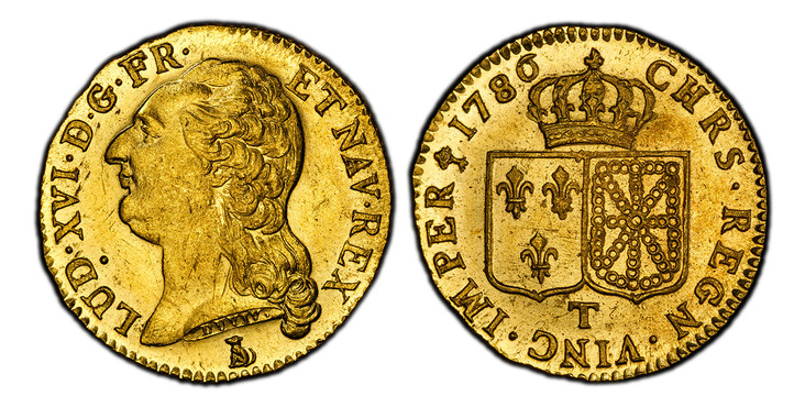 1084842 FRANCE. Louis XVI. 1786-T AV Louis d'Or. PCGS MS64.  Nantes. 24mm. LUD · XVI · D · G · FR · ET NAV · REX ·. Head left / CHRS · REGN · VINC · IMPER. Crowned arms of France and Navarre in shields. KM 591.14; Fr.-475; Duplessy 1707; Gad.-361 ...