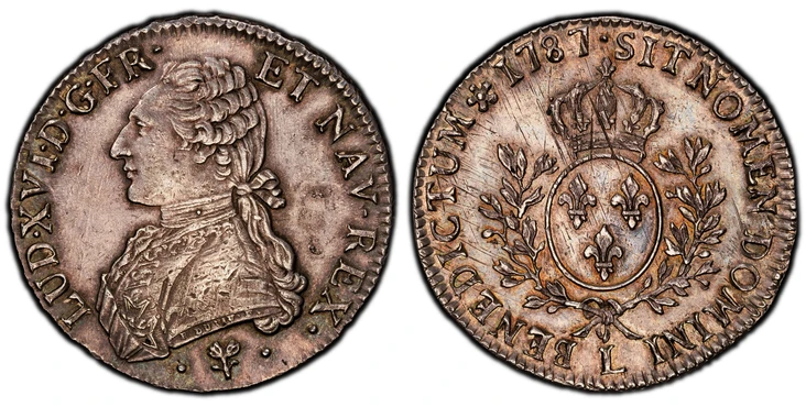 1085959 FRANCE. Louis XVI. 1787-L (p) AR Ecu. PCGS AU58.  By Pierre-Benjamin Duvivier. Bayonne. 41.5mm. 29.45gm. LUD · XVI · D · G · FR · ET NAV REX. Ornamental stitching on uniform / SIT NOMEN DOMINI A BENEDICTUM. Crowned arms of France within br...