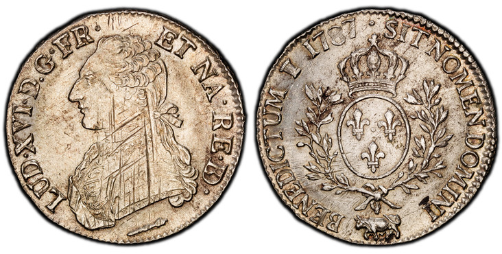 1085967 FRANCE. Louis XVI. 1787-(cow) (p) AR Ecu. PCGS MS62.  By Pierre-Benjamin Duvivier. Pau. Edge: DOMINE SALVUM FAC REGEM. 41.5mm. 29.45gm. ....RE.BD. (ligate BD). Uniformed bust left / SIT NOMEN DOMINI BENEDICTUM. Crowned arms of France withi...