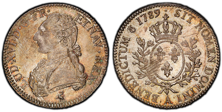 1085958 FRANCE. Louis XVI. 1789-A (p) AR Ecu. PCGS MS63.  By Pierre-Benjamin Duvivier. Paris. 41.7mm. 29.32gm. LUD · XVI · D · G · FR · ET NAV REX. Ornamental stitching on uniform / SIT NOMEN DOMINI A BENEDICTUM. Crowned arms of France within bran...