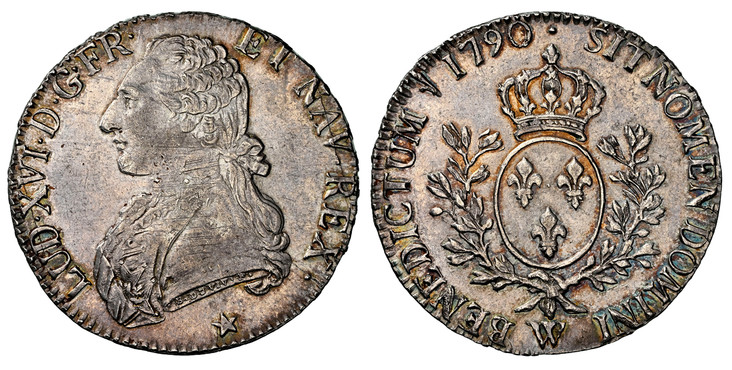 1085965 FRANCE. Louis XVI. 1790-W (p) AR Ecu. NGC MS62.  By Pierre-Benjamin Duvivier. Lille. 39.9mm. 29.02gm. LUD · XVI · D · G · FR · ET NAV REX. Ornamental stitching on uniform / SIT NOMEN DOMINI A BENEDICTUM. Crowned arms of France within branc...