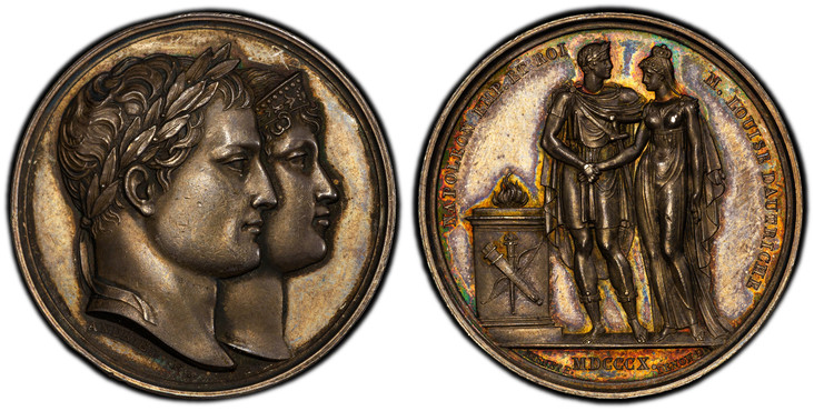 1085406 FRANCE. Napoleon I. 1810 AR Medal. PCGS MS62.  By B. Andrieu & N. Brenet. 32.3mm. 17.91gm. Conjoined laureate and diadem busts, right / Bride and groom standing beside a burning altar holding hands. Bramsen 954; Zeitz 111; Julius 2264.

On...