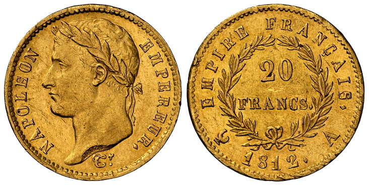 1084850 FRANCE. First Empire, Napoleon Bonaparte. (Emperor, 1804-1814, 1815). 1812-A AV 20 Francs. NGC MS61.  By Pierre-Joseph Tiolier. Paris. 21mm. 6.43gm. NAPOLEON EMPEREUR. Laureate head left / EMPIRE FRANCAIS. Denomination within wreath. KM 69...