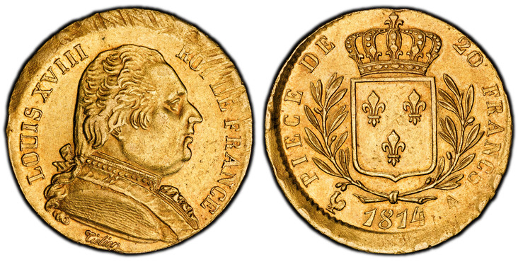 1085407 FRANCE. Louis XVIII. 1814-A AV 20 Francs. PCGS AU58 Mint Error.  By Tiolier. Paris. LOUIS XVIII ROI DE FRANCE. Uniformed bust right / Crowned arms within wreath. KM 706.1; Fr.-525; Gad.-1026; F.-517.

Broadstruck

Please use this link to v...