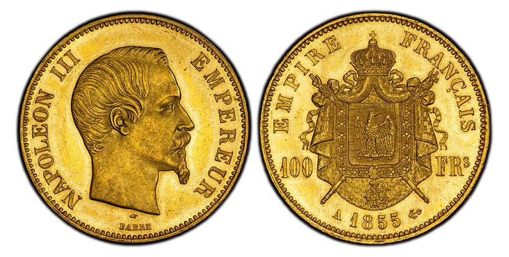 1084852 FRANCE. Napoleon III. (Emperor, 1842-1870). 1855-A AV 100 Francs. PCGS MS63.  Paris. 35mm. NAPOLEON III EMPEREUR. Head right / EMPIRE FRANCAIS. Crowned and mantled arms divide denomination. KM 786.1; Fr.-569; Gad.-1135; F.-550.

Please use...