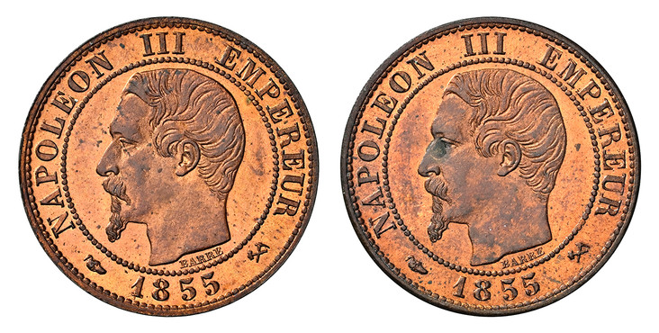 1086189 FRANCE. Napoleon III. (Emperor, 1852-1870). 1855 (a) Bronze Essai Centime. NGC MS65RB (Red-Brown).  By Barre. Paris. NAPOLEON III EMPEREUR (date). Head within circle left / NAPOLEON III EMPEREUR (date). Head within circle left. Mazard 1729...