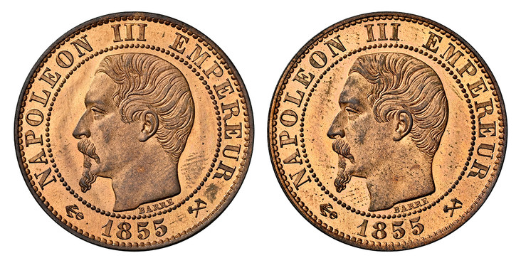1086192 FRANCE. Napoleon III. (Emperor, 1852-1870). 1855 Bronze Essai 5 Centimes. NGC MS65RB (Red-Brown).  By Barre. NAPOLEON III EMPEREUR (date). Head within circle left / NAPOLEON III EMPEREUR (date). Head within circle left. Mazard 1708.

Essai...
