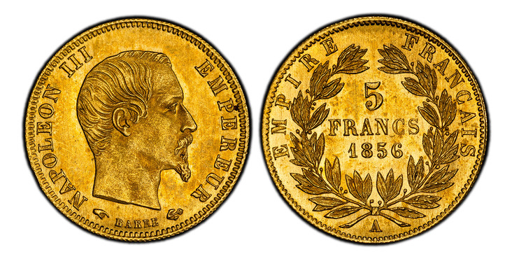 1084858 FRANCE. Napoleon III. (Emperor, 1842-1870). 1856-A AV 5 Francs. PCGS MS66.  Paris. 16.7mm. Head right / Denomination within wreath. KM 787.1; Fr.-578a; Gad.-1001; F.-501.

Please use this link to verify the PCGS certification number <a hre...