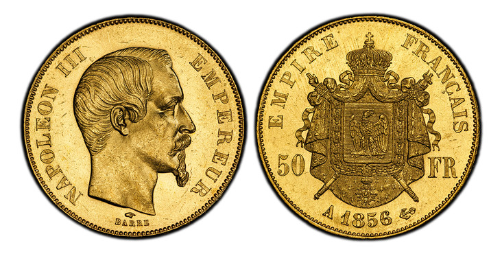 1086220 FRANCE. Napoleon III. 1856-A AV 50 Francs. PCGS MS63.  Paris. NAPOLEON III EMPEREUR. Bare head right / EMPIRE FRANCAIS. Crowned and mantled arms divide denomination. KM 785.1; F.-547; Gad.-1111.

Please use this link to verify the PCGS cer...