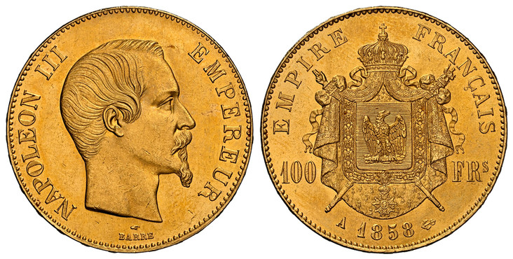 1084856 FRANCE. Napoleon III. (Emperor, 1842-1870). 1858-A AV 100 Francs. NGC MS64+.  Paris. 35mm. 32.22gm. NAPOLEON III EMPEREUR. Head right / EMPIRE FRANCAIS. Crowned and mantled arms divide denomination. KM 786.1; Fr.-569; Gad.-1135; F.-550.

P...
