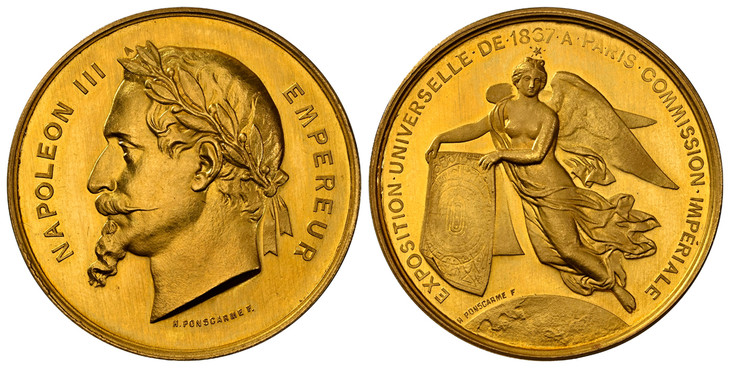 1084864 FRANCE. Napoleon III. (Emperor, 1842-1870). 1867 AV & Bronzed CU Two Piece Medal Set (Gold Medal of 8 Ducats Weight). NGC MS66-MS65BN (Brown).  By H. Ponscarme. Edge: Bee hallmark and OR (gold) and Bee and CUIVRE. 37mm & 68mm. 28.5g & 160....
