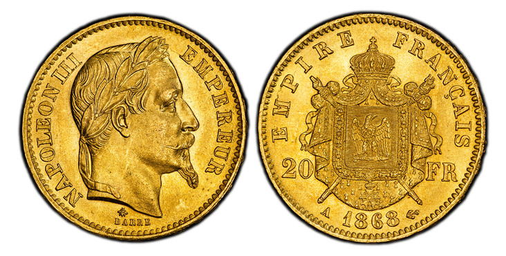 1084863 FRANCE. Napoleon III. (Emperor, 1842-1870). 1868-A AV 20 Francs. PCGS MS65.  Paris. 21mm. 6.45gm. NAPOLEON III EMPEREUR. Laureate head right / EMPIRE FRANCAIS. Crowned and mantled arms divide denomination. KM 801.1; Fr.-585; Gad.-1062 F.-5...