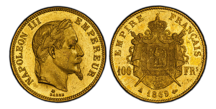 1084860 FRANCE. Napoleon III. (Emperor, 1842-1870). 1869-A AV 100 Francs. PCGS MS63.  Paris. Edge: DIEU PROTEGE LA FRANCE. NAPOLEON III EMPEREUR. Laureate head right / EMPIRE FRANCAIS. Crowned and mantled arms divide denomination. KM 802.1; Fr.-58...
