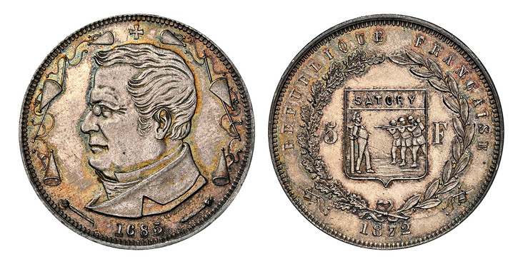 1084868 FRANCE. Third Republic. (1871-1940). 1872 AR Medallic 5 Francs. NGC MS63.  By Würden. Brussels. Edge: Plain. 37.8mm. 25.3gm. Bust of President Adolphe Thiers, left; cross above and date 1685 flanked by torches below and extinguisheres in t...