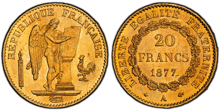 1085889 FRANCE. 1877-A AV 20 Francs. PCGS MS65.  Paris. Standing Genius writing the Constitution, rooster at right, fasces at left / Denomination above date within circular wreath. KM 825; Fr.-592; F.-533; Gad. 1073.

Please use this link to verif...