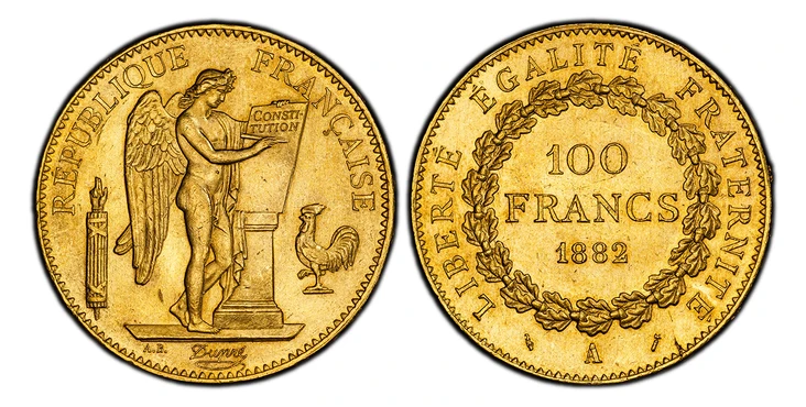 1084866 FRANCE. 1882-A AV 100 Francs. PCGS MS64+.  By A.B. & Dupré. Paris. Edge: DIEU PROTEGE LA FRANCE. 35mm. RÉPUBLIQUE FRANÇAISE. Standing Genius writing the Constitution, rooster on right, fasces on left / LIBERTÉ ÉGALITÉ FRATERNITÉ. . Denomin...