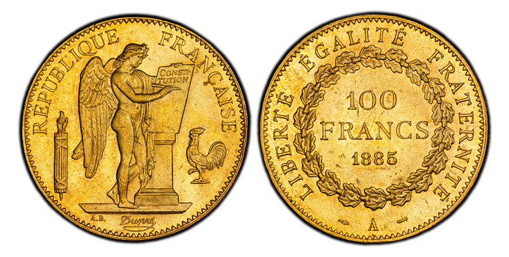 1086225 FRANCE. 1885-A AV 100 Francs. PCGS MS63.  Paris. Edge: DIEU PROTEGE LA FRANCE. Standing Genius writing the Constitution, rooster on right, fasces on left / Denomination above date within circular wreath. KM 832.

Mintage of only 2,984 piec...