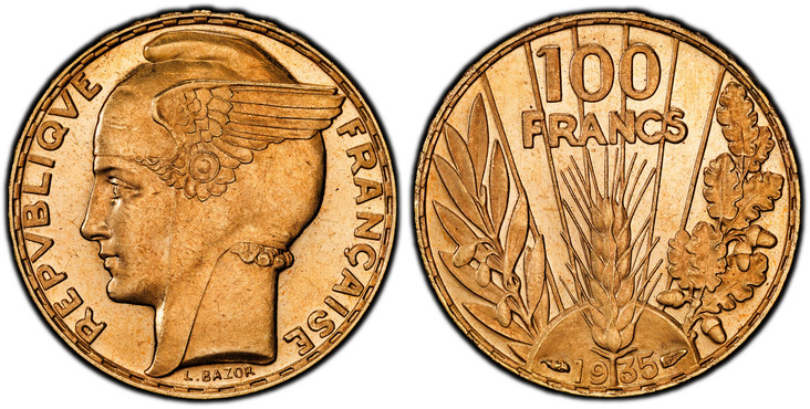 1085891 FRANCE. By L. Bazor. 1935 AV 100 Francs. PCGS PR64 Cameo.  Paris. 6.55gm. Winged head left / Denomination above grain sprig, date below, laurel and oak branches flank. KM 880; F.-554; Gad.-1148.

Without mint mark.

Please use this link to...