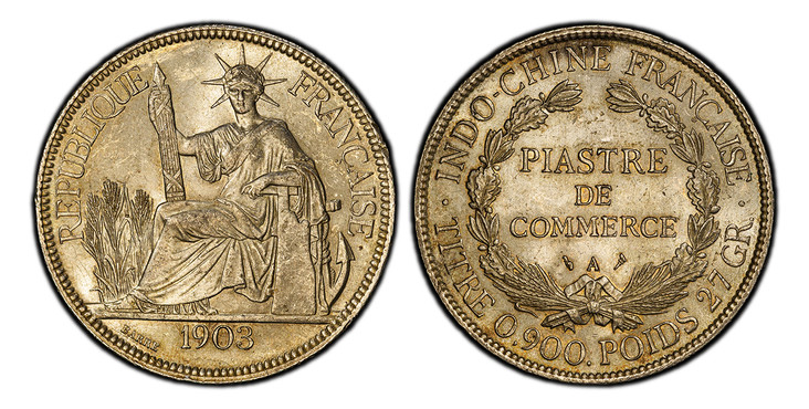 1084875 FRENCH INDO-CHINA. 1903-A AR Piastre. PCGS MS63.  By Barre. Paris. REPUBLIQUE FRANÇAISE. Liberty seated left with fasces, date in exergue / INDO-CHINE FRANÇAISE • TITRE 0,900. POIDS 27 GR. •// PIASTRE0 DE/ COMMERCE. Denomination within wre...
