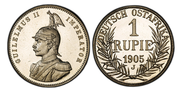 1086228 GERMAN EAST AFRICA. Wihelm II. 1905-J AR Rupie. PCGS PR65 Cameo.  Armored bust left / Denomination and date within wreath. KM 10.

Please use this link to verify the PCGS certification number <a href="http://www.pcgs.com/cert/80063811/">80...