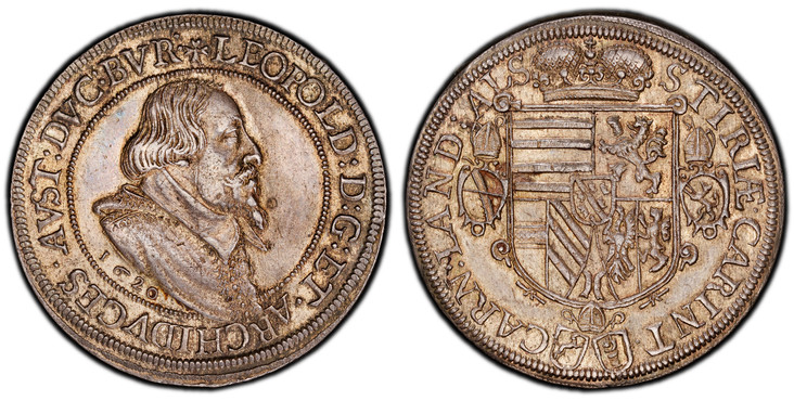 1084925 GERMAN STATES. Alsace. Leopold V. (1620-1633). 1620 AR Thaler. PCGS AU55.  Ensisheim. 28.66gm. LEOPOLD: D: G: ET. ARCHIDVCES. AVST: DVC: BVR. Bust of Leopold, right; date below truncation / STIRIÆ. CARINT. - CARN: LAND: ALS. Crowned arms. ...