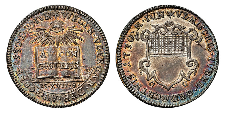 1085170 GERMAN STATES. Augsburg. 1730 (Johann Christian Holeisen, Mintmaster) AR Pattern or Off-Metal Ducat. NGC MS62.  2.54gm. Radiant eye of God above an open book with inscription on two-lines; AV CON/ GVST FESS// PS•XVII•8• / Ornate shield of ...