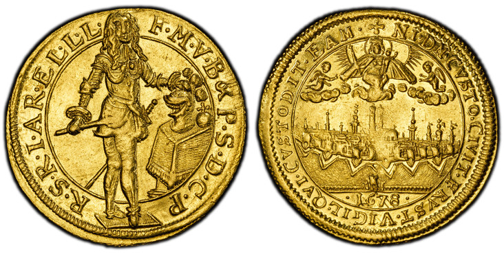1085073 GERMAN STATES. Bavaria. Ferdinand Maria. 1678 AV Ducat. PCGS MS62.  3.50gm. Elector standing facing with left hand on helmet on pedestal / Madonna and child with angels above view of Munich in inner circle. KM 330; Fr.-213; Hahn 173.
Inclu...