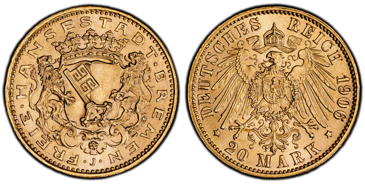 1085495 GERMAN STATES. Bremen. 1906 J AV 20 Mark. PCGS MS66.  Edge: GOTT MIT UNS. FREIE•HANSESTADT•BREMEN. Bremen city coat of arms; J below / DEUTCHES REICH 1906 * 20 MARK *. Eagle. KM 252; Jaeger 205.

Please use this link to verify the PCGS cer...