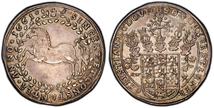 1085972 GERMAN STATES. Brunswick-Luneburg-Celle. Friedrich V
. (Duke, 1636-1648). 1661 LW (Lippold Weber or Wefer, mintmaster) AR Thaler. PCGS AU58.  By Christian Ludwig. Clausthal. 45.7mm. 28.95gm. CHRISTIAN: LUDOVI: CUS D.G. DUX BR: ET LUNEBERG....