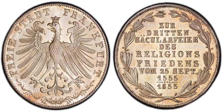 1086561 GERMAN STATES. Frankfurt Am Main. 1855 AR 2 Gulden. PCGS MS67.  FREIE STADT FRANKFURT. Crowned eagle with wings spread / ZUR / DRITTEN / SACULARFEIER / DES / RELIGIONS / FRIEDENS / VOM 25 SEPT. / 1555 over 1855. Inscription within laurel w...