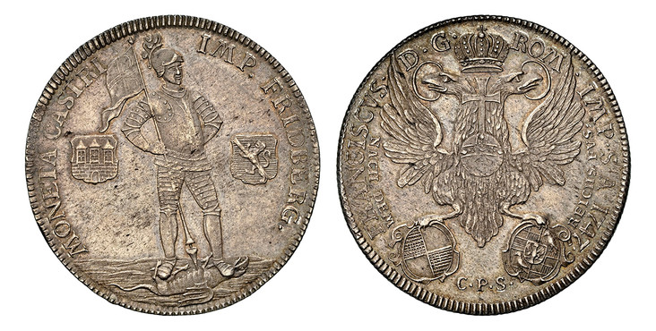 1085977 GERMAN STATES. FRIEDBERG. Johann Eitel II. (1745-1748). 1747 CPS Silver Thaler. NGC MS62.  Clausthal. MONETA CASTRI - IMP. FRIDBERG. Titles of Francis I / St. George standing on dragon, shields at left and right. KM 65; Dav-2250.

Please u...