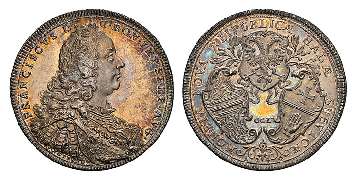 1085179 GERMAN STATES. Hall. 1746 CGL (Carl Gottlieb Laufer, mintmaster) AR Thaler. NGC MS61.  29.18gm. MONETA NOVA REPUBLICAE HALAE SUEVICAE, C.G.L. at center. 3 Ornate shields, laurels flank top shield / FRANCISCVS D · - G · ROM · IMP · SEMP · A...