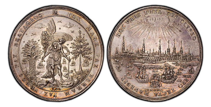 1086562 GERMAN STATES. Hamburg. (1697) ND AR Medal or Medallic Bank-Portugalöser . PCGS SP58.  By J. Reteke. 51mm. Allegorical figure of Peace triumphantly standing over the embodiment of defeated Discord in a surrounding landscape / Jehovah in He...